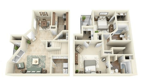 A floor plan of a two-story house with a living room, kitchen, and bedrooms.